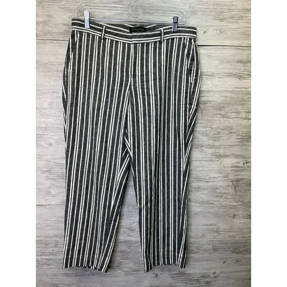 Banana Republic Avery‎ Pants 8 Petite Gray White Striped Cropped Linen 572296-00